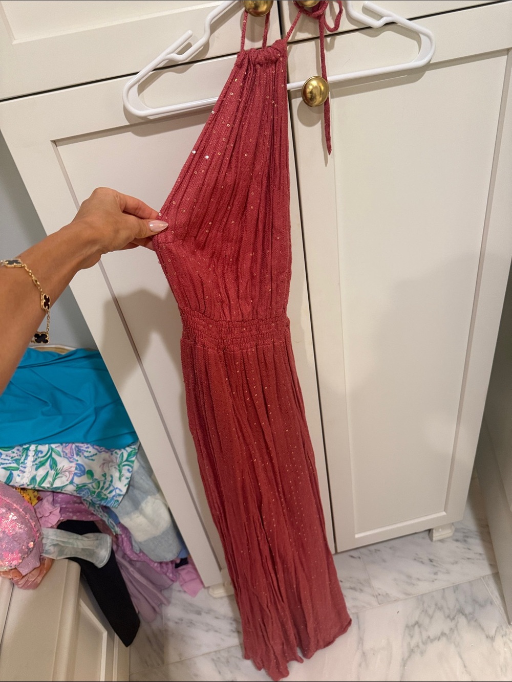 Sundry Rust Red Halter Maxi Dress with Sparkle